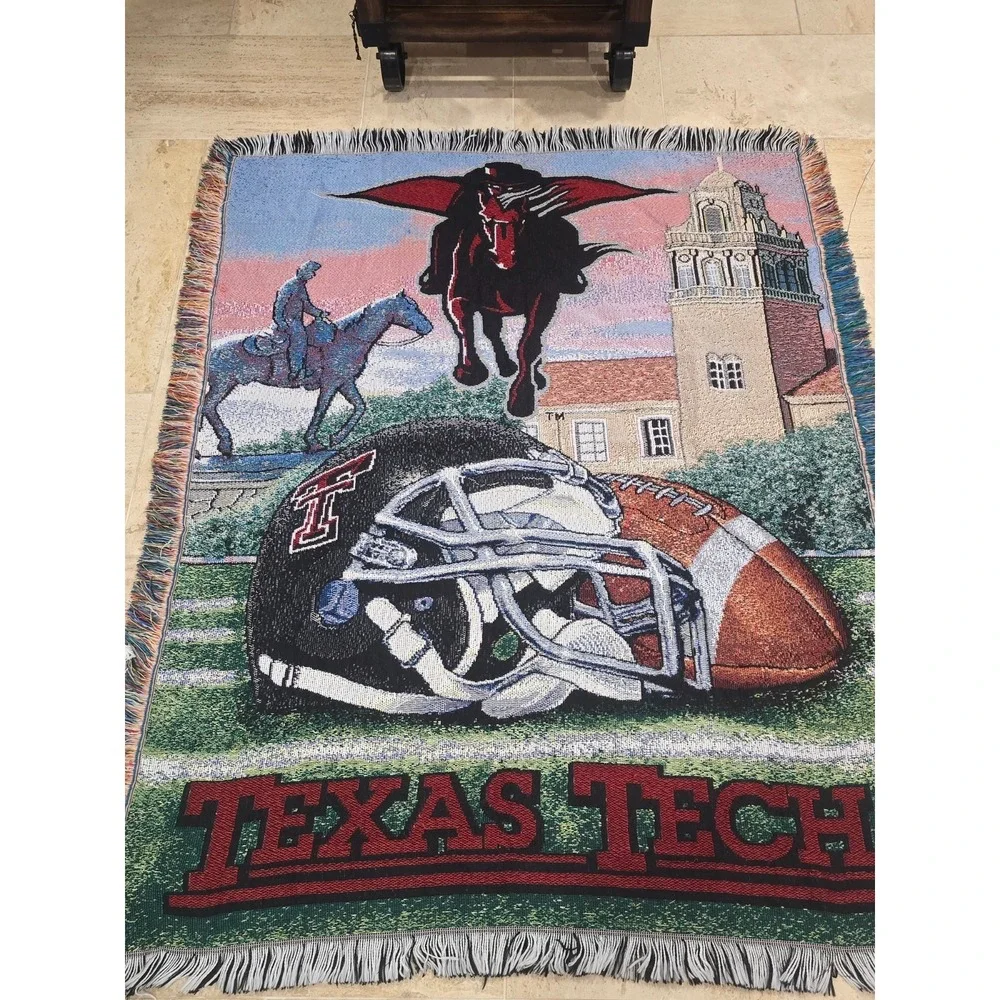 Vtg Texas Tech University Tapestry Blanket Masked Rider Football Campus‎ 48